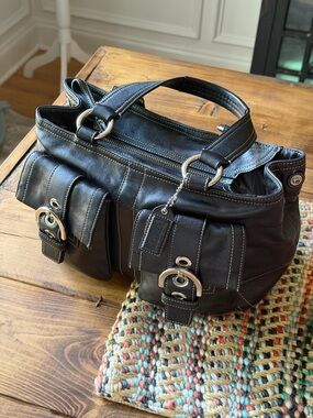 VTG Coach Black Leather Shoulder Satchel with Dual Buckle Pockets